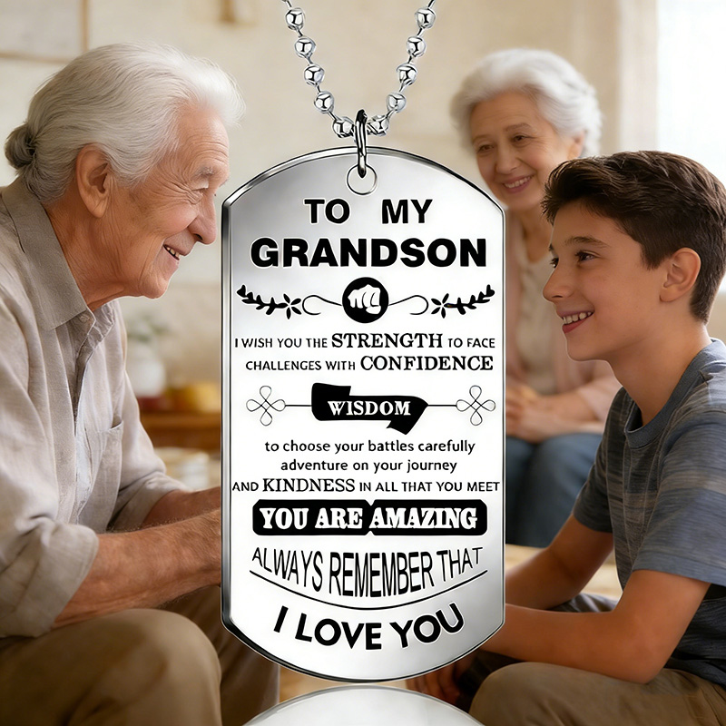 Mens Dog Tag Necklace - إلى حفيدي قلادة ملهمة كبيرة فضية